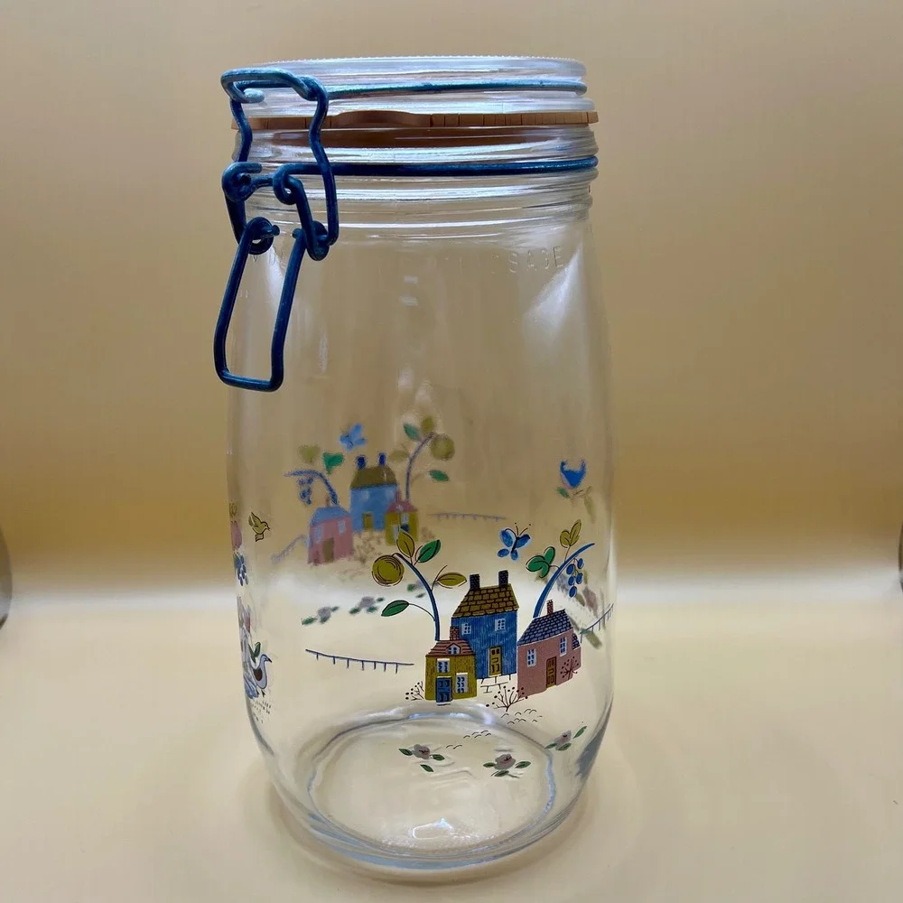 Vintage ARC France 1.5L Glass Heartland Canister Cottagecore Wire Hinged Lid